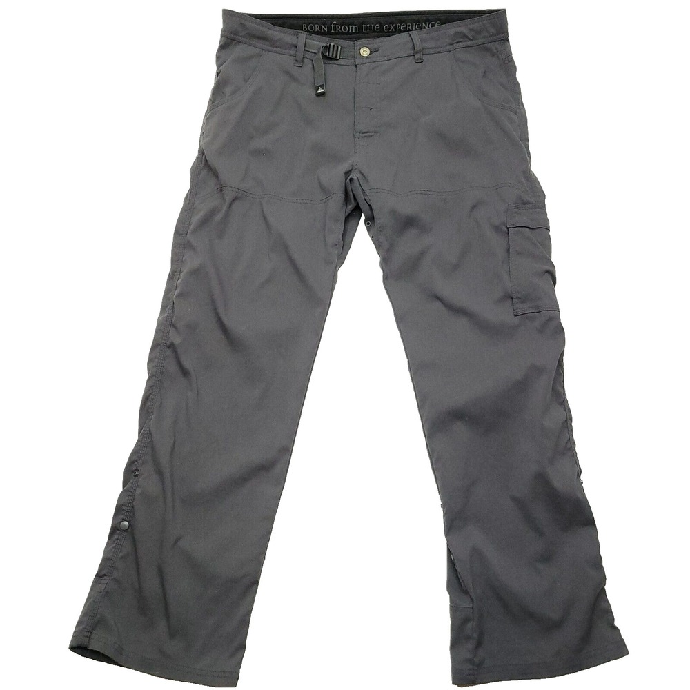 Prana Pants Men 38 x 31 Gray Zion Hiking Snap Roll-Up Leg Cargo Belted Stretch